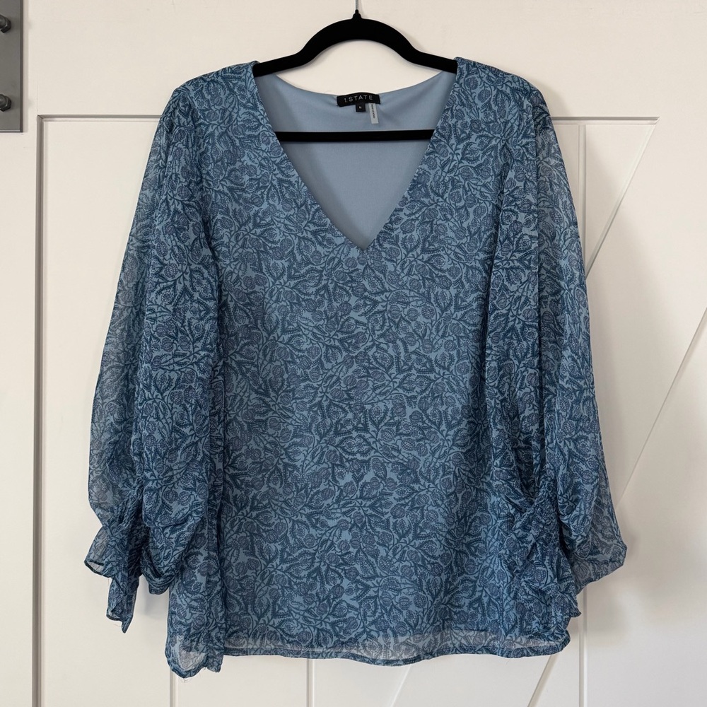 1. State V-Neck Blue Floral Long Sleeve Blouse